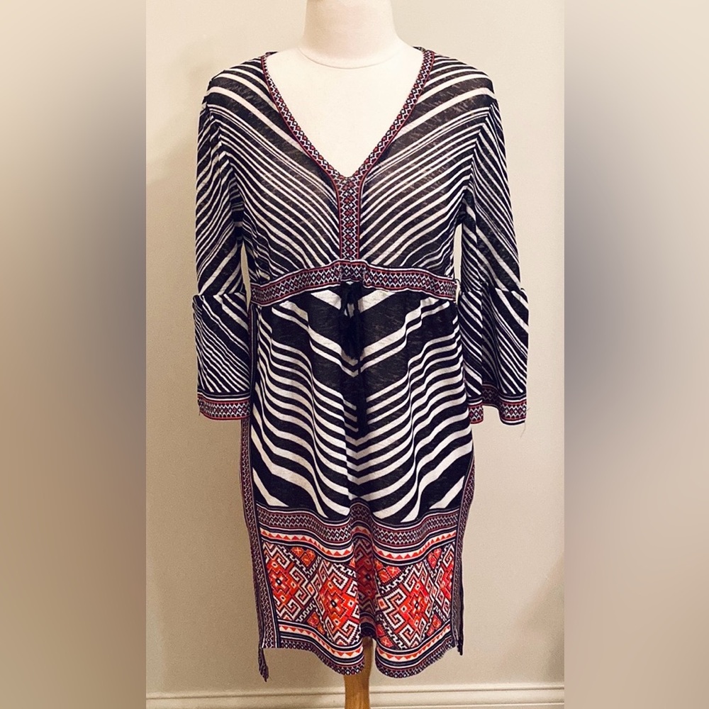 Shoreline Black White Stripe Red Geometric M Festival Boho Beach Cover Up Dress